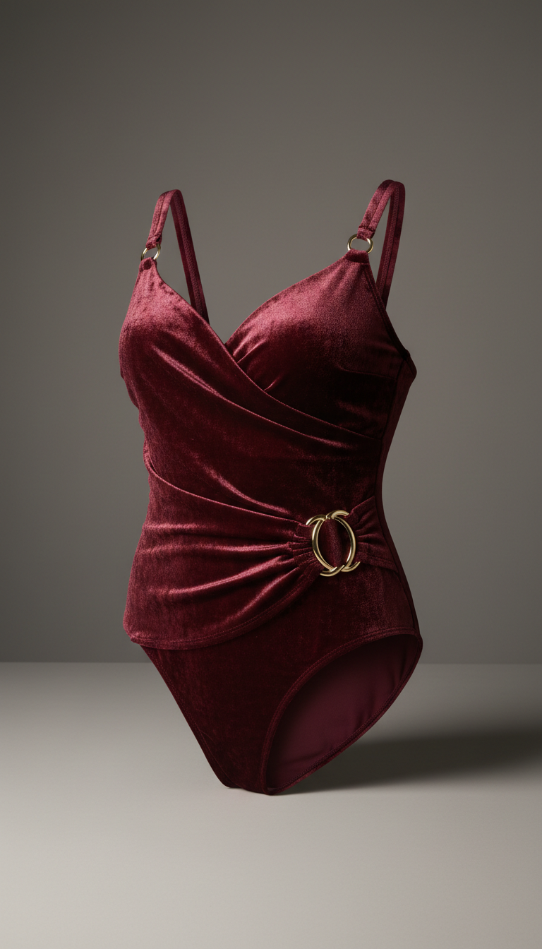 Velvet Currant Draped Swimsuit Metallic Accents